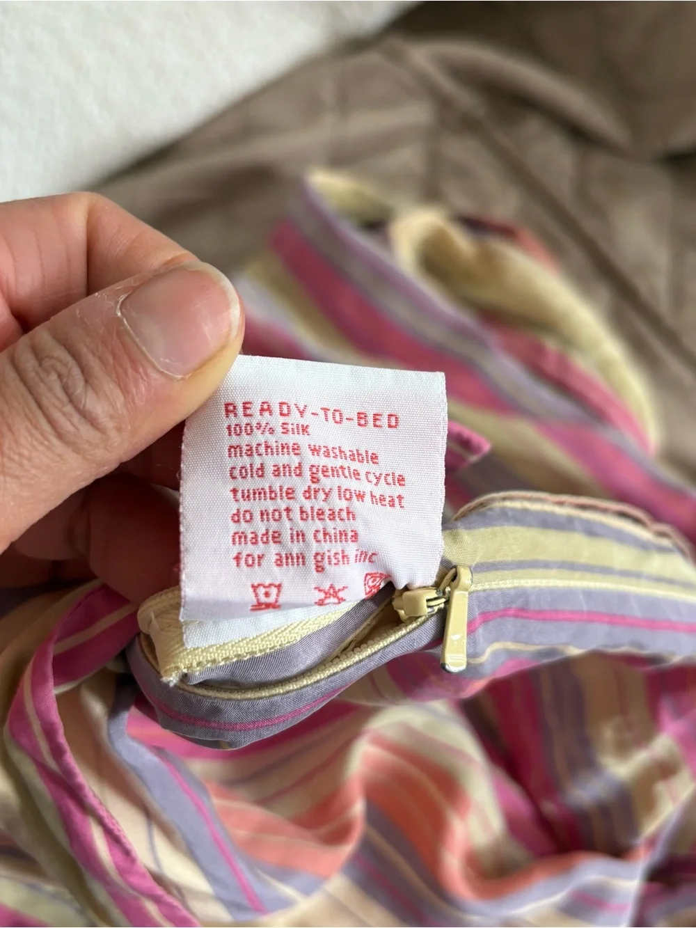Ann Gish Ready To bed 100% Silk Queen Duvet Cover 90x92 Retro Striped Pink Yello
